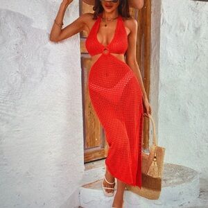 Red Halter Cutout Maxi Swim Dress